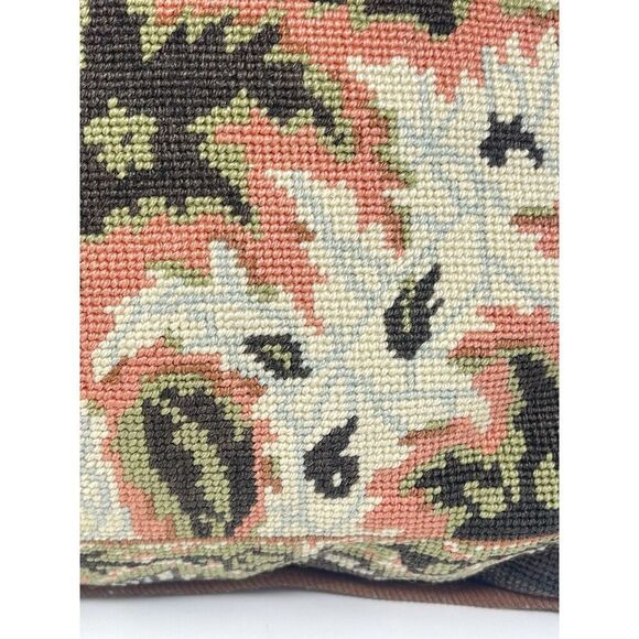 Vintage Needlepoint Pillow Peach Brown Green Leaf Design 13” x 14” - Picture 4 of 5